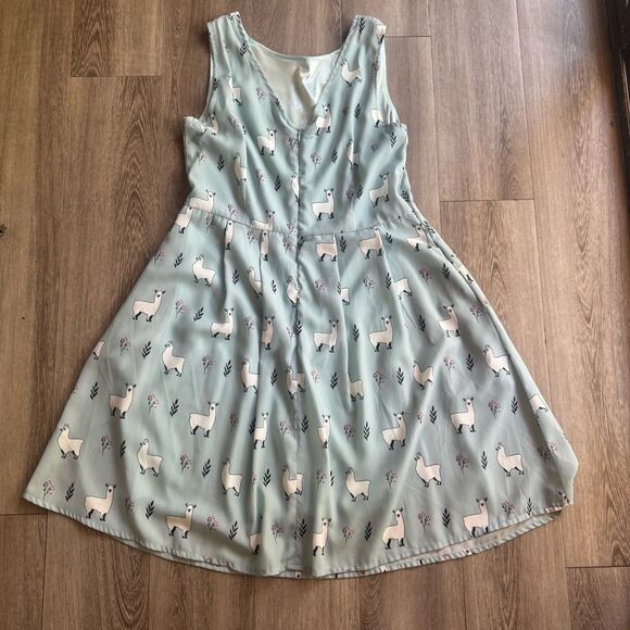 LA Soul Dress With Lama Print Sz M Fit And Flare Light Blue With Pockets Y2K - Picture 7 of 11